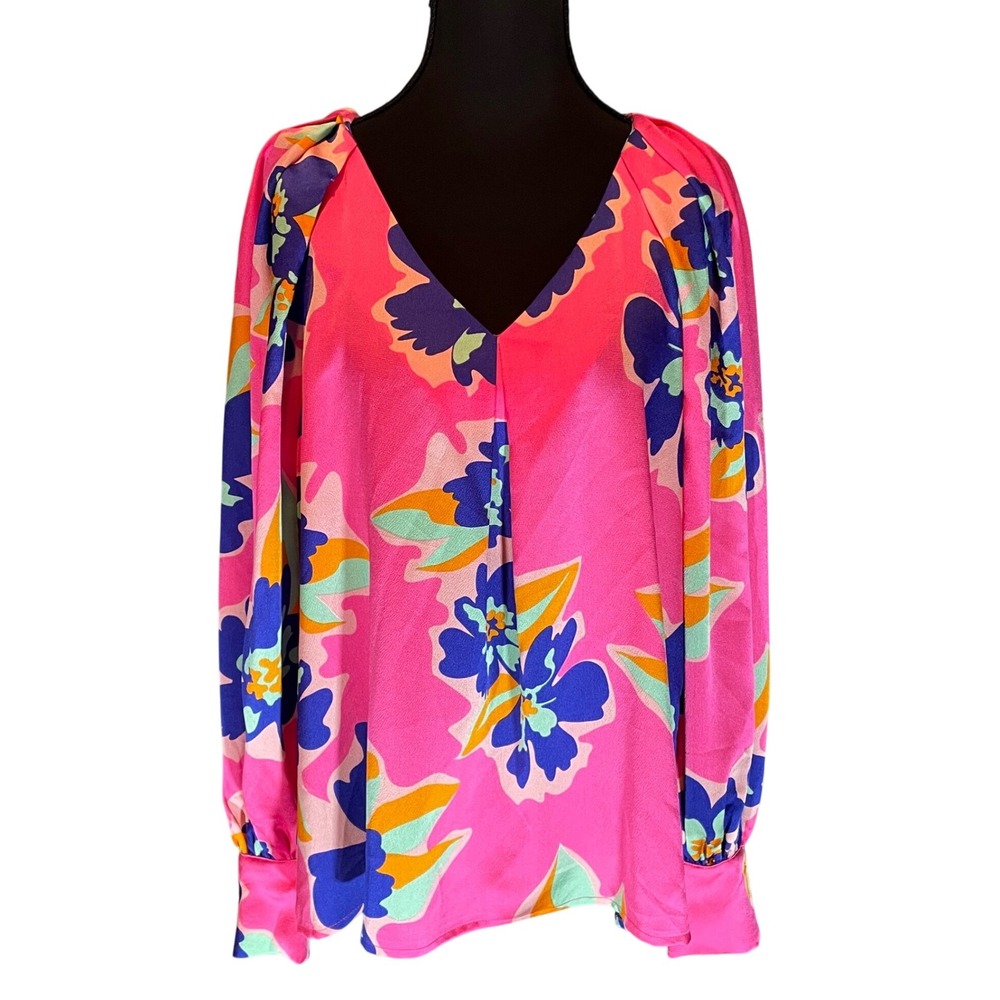 Pink Floral Satin‎ V-Neck Long Sleeve Blouse Med Dopamine Dressing Boho Romantic
